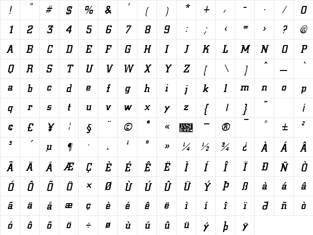 Civic Bold Italic Character Map