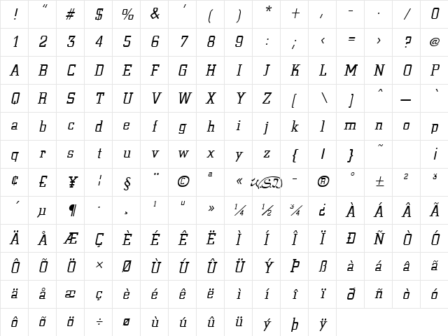 Civic Italic Character Map