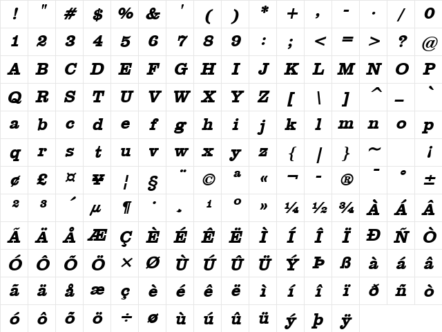 Clare Bold Italic Character Map