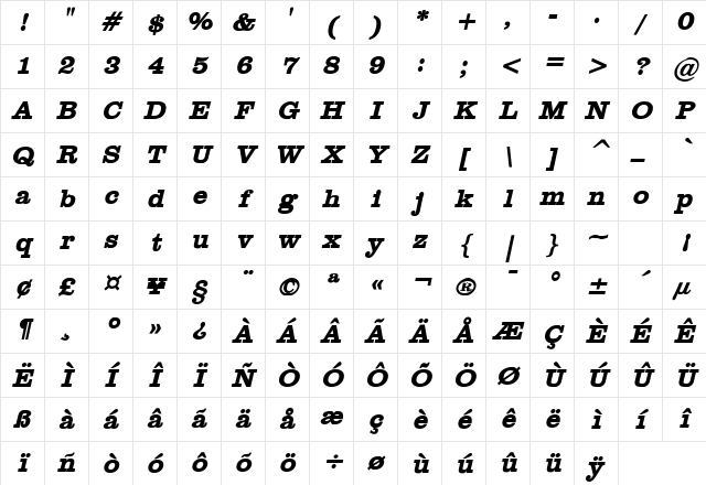 Clare Bold Italic Character Map