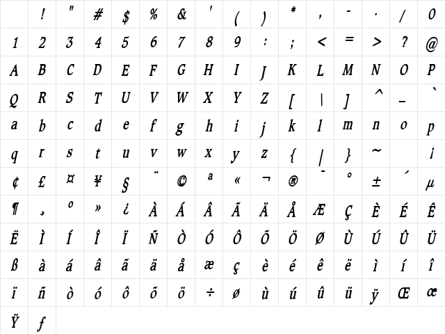 Clayton Thin Bold Italic Character Map Clayton Thin Bold Italic Character Map