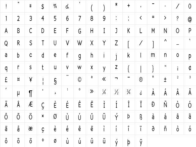 Clearwater Condensed Regular Character Map