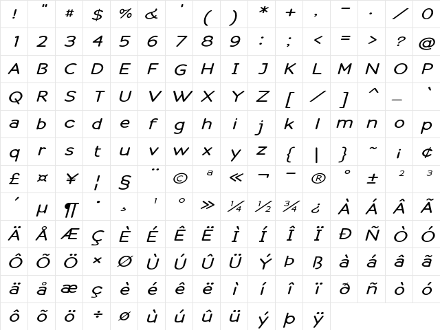 Clearwater Expanded Italic Character Map