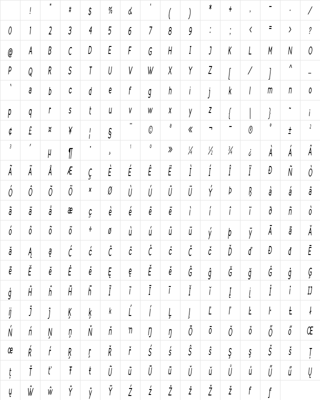 Clearwater Extra-condensed Italic Character Map Clearwater Extra-condensed Italic Character Map