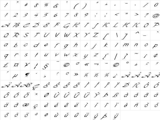 Cloverleaf Expanded Italic Character Map