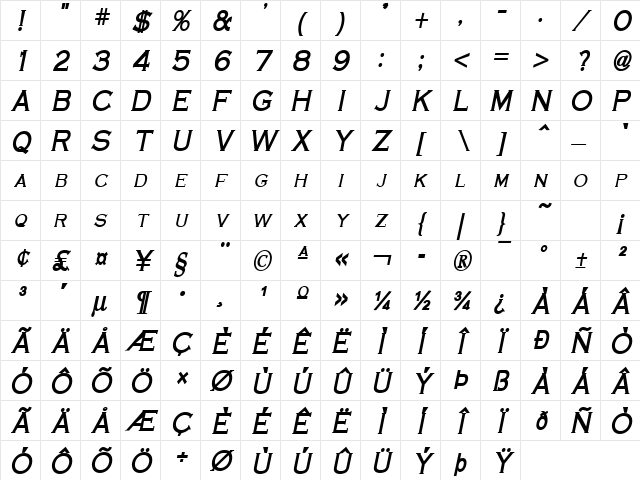 Cobalt-Condensed Bold Italic Character Map