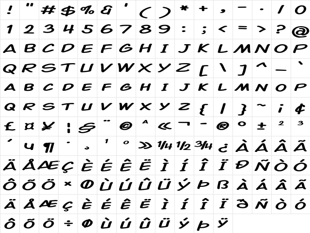 Comicopia Extra-expanded Bold Character Map
