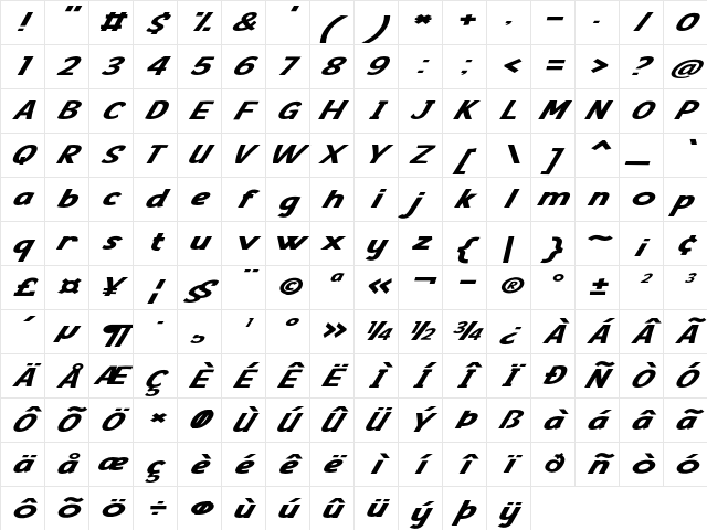 Comic Sense Extra-expanded Italic Character Map