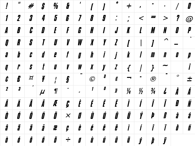 Commador Italic Character Map