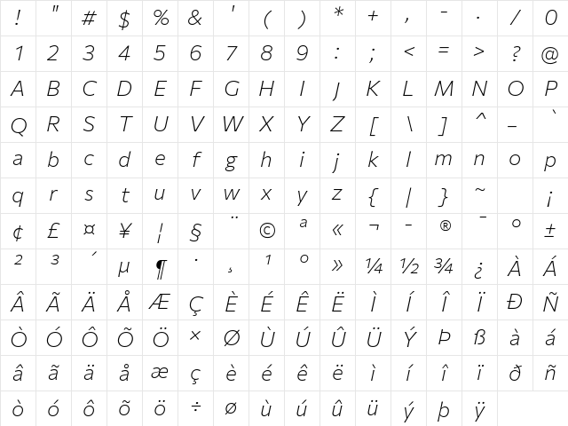 Commissioner Flair ExtraLight Italic Character Map