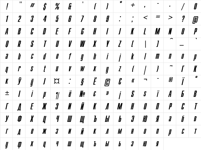 Compact Italic Character Map