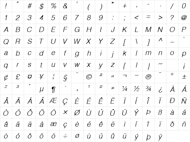 ContextLightSSK Italic Character Map