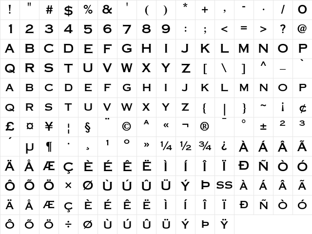 Copperplate Gothic Thirty-One AB Character Map