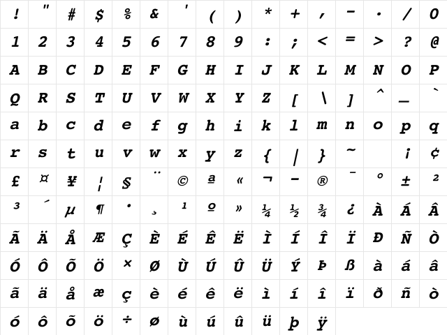 Courier Bold Oblique Character Map