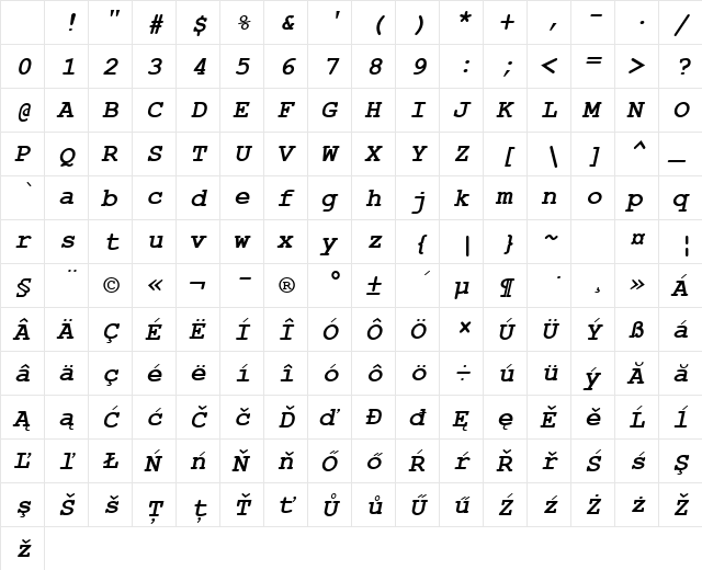 Courier New CE Bold Italic Character Map Courier New CE Bold Italic Character Map