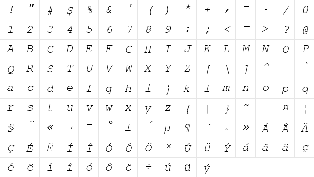 Courier New CE Italic Character Map Courier New CE Italic Character Map
