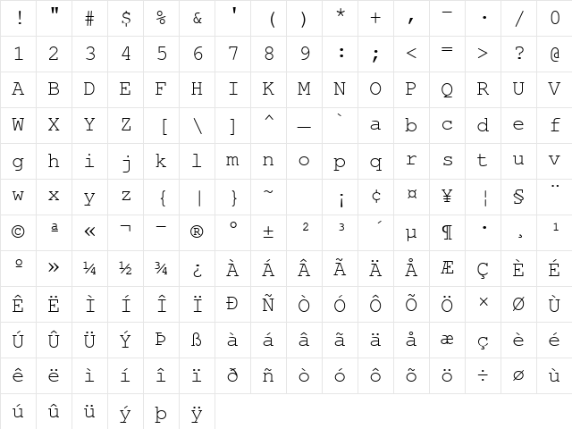 Courier Regular Character Map
