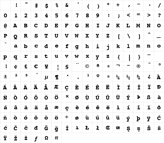 Courier10 BT Bold Character Map