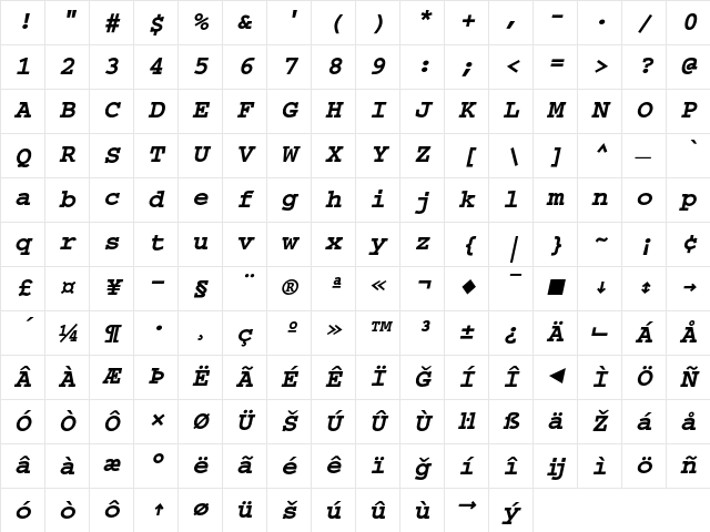 Courier Bold Oblique Character Map