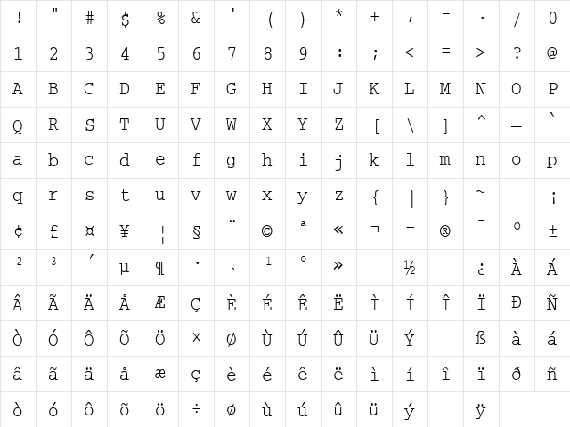 CourierCond Normal Character Map