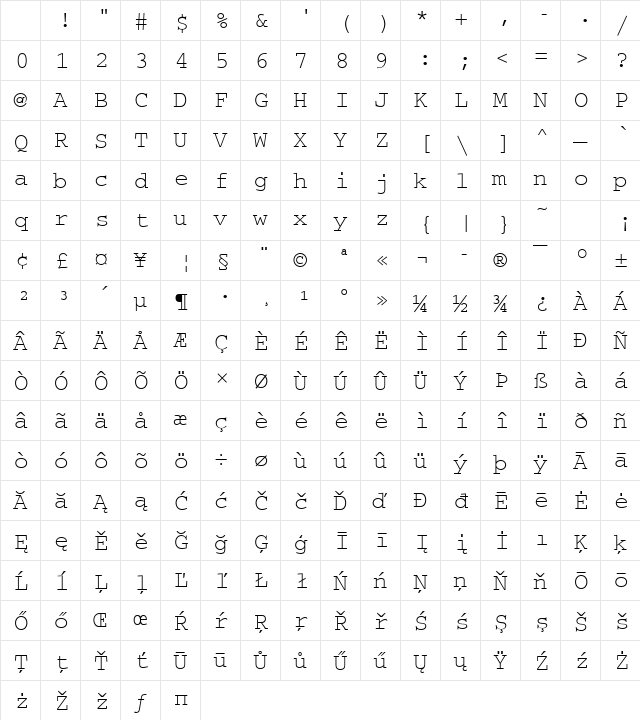CourierM Regular Character Map CourierM Regular Character Map