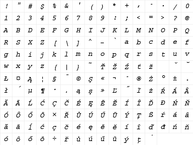 CourierMEE Bold Italic Character Map