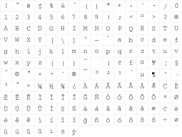 CourierMTU Regular Character Map CourierMTU Regular Character Map