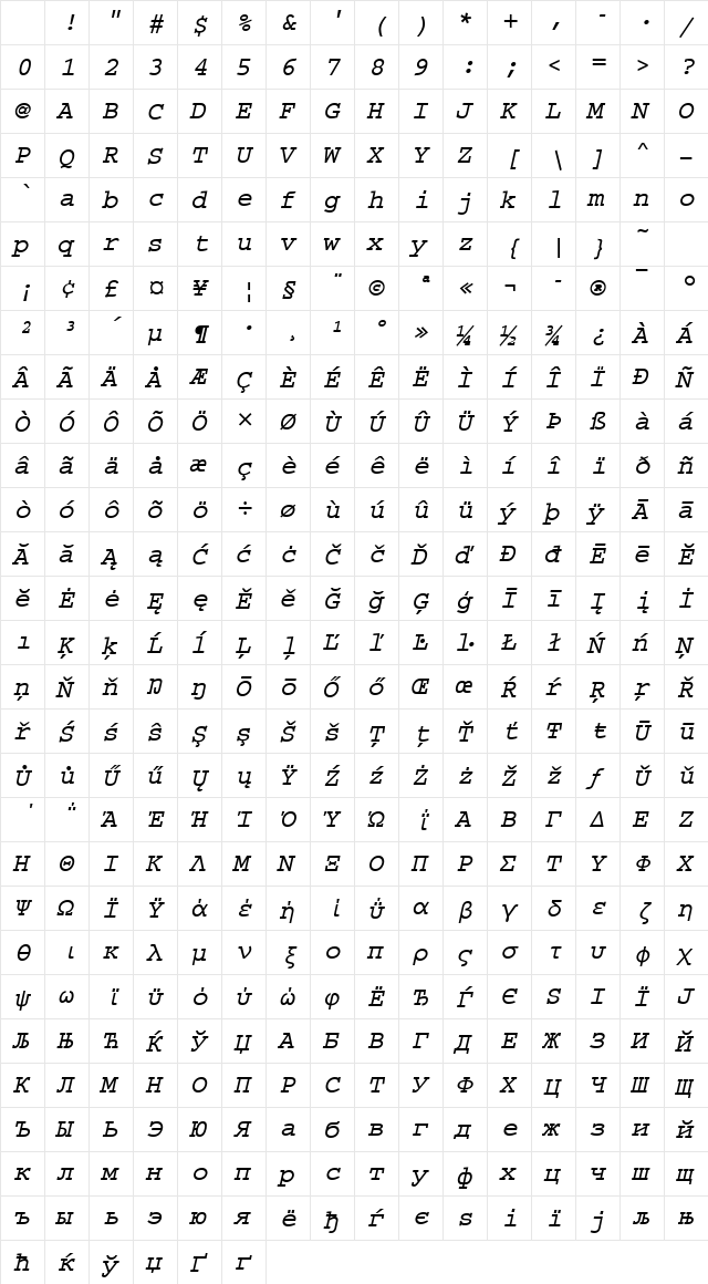 CourierMUN Bold Italic Character Map CourierMUN Bold Italic Character Map