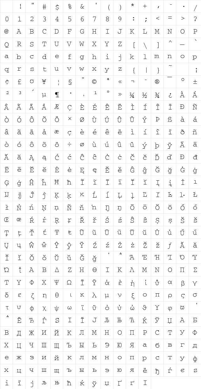 CourierMUN Regular Character Map CourierMUN Regular Character Map