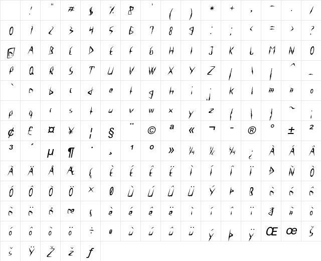 Creepflick Italic Character Map