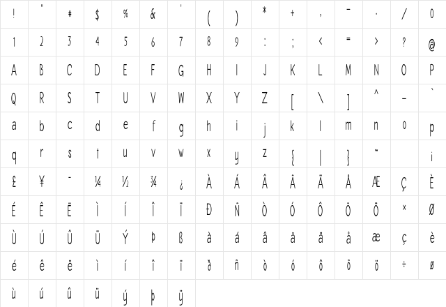 Crenshaw Extra-condensed Regular Character Map