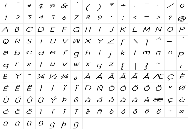 Crenshaw Extra-expanded Italic Character Map Crenshaw Extra-expanded Italic Character Map