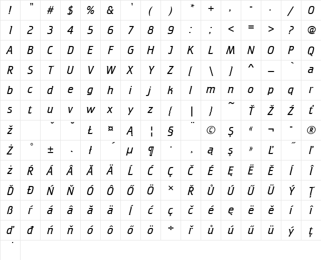 CrilleeTEELig Regular Character Map