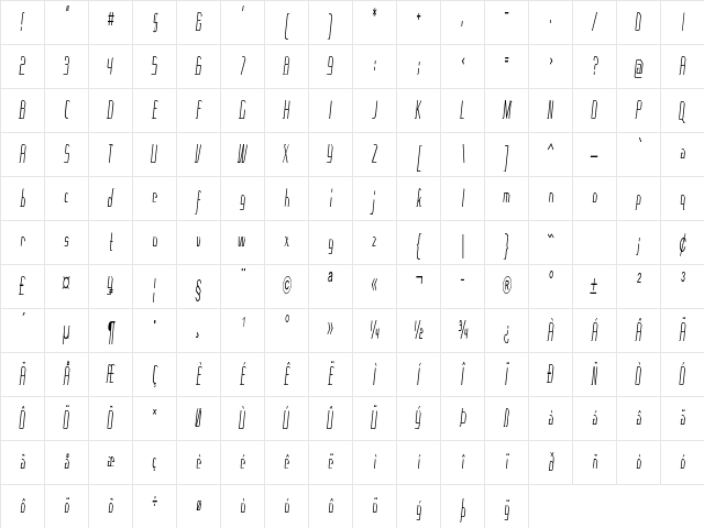 Crook Extra-condensed Italic Character Map