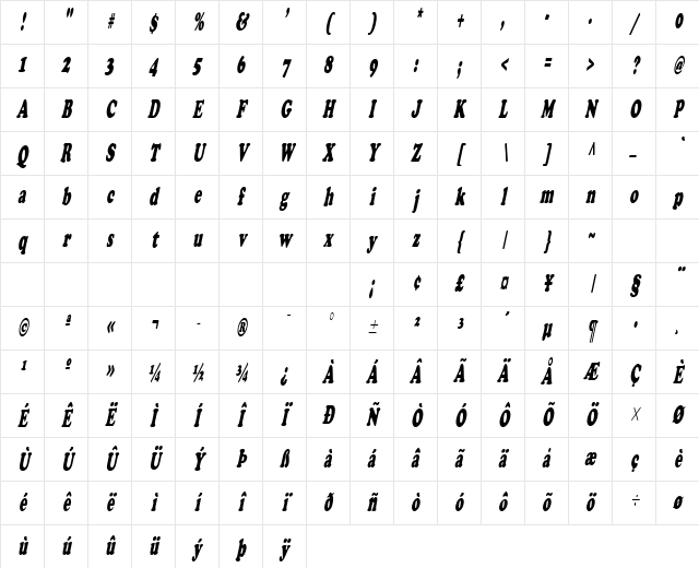 Cupid-Condensed Italic Character Map