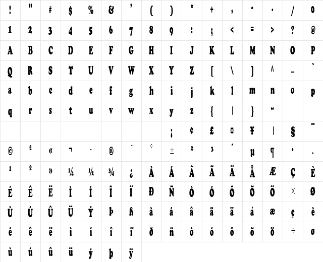 Cupid-Condensed Normal Character Map