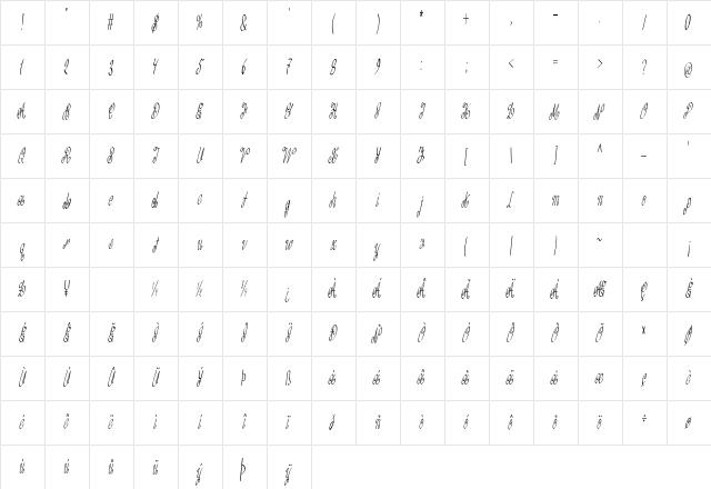 Curlivia Extra-condensed Italic Character Map
