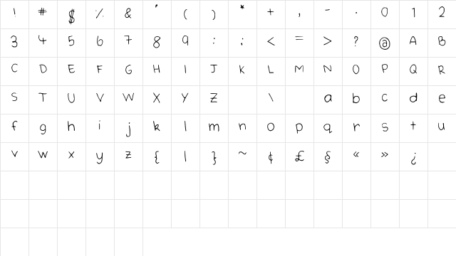 CuteHandWriting Medium Character Map