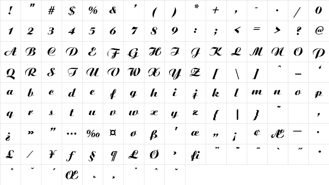 Ariston-ExtraBold-Italic Regular Character Map