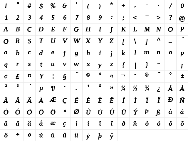 Diverda Serif Com Bold Italic Character Map