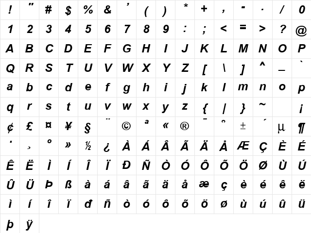 Dixon Bold Ital Normal Character Map
