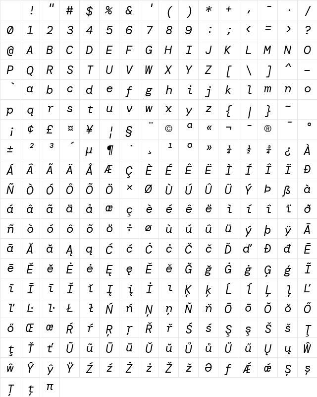 DM Mono Italic Character Map DM Mono Italic Character Map