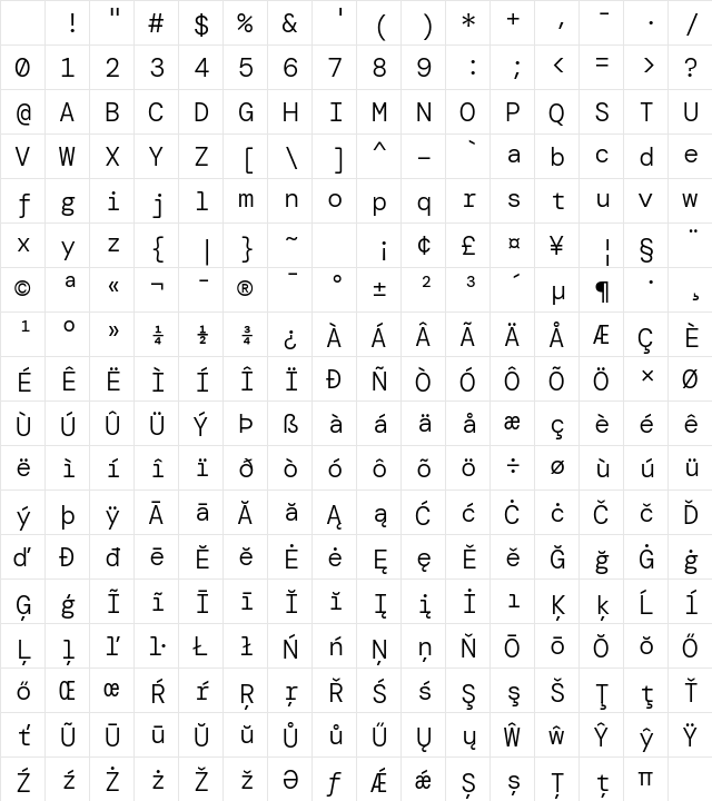 DM Mono Light Regular Character Map DM Mono Light Regular Character Map