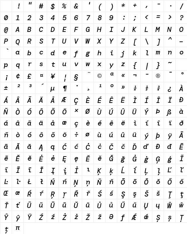 DM Mono Medium Italic Character Map DM Mono Medium Italic Character Map