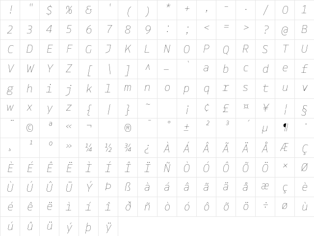 Drive Mono Hairline Italic Character Map