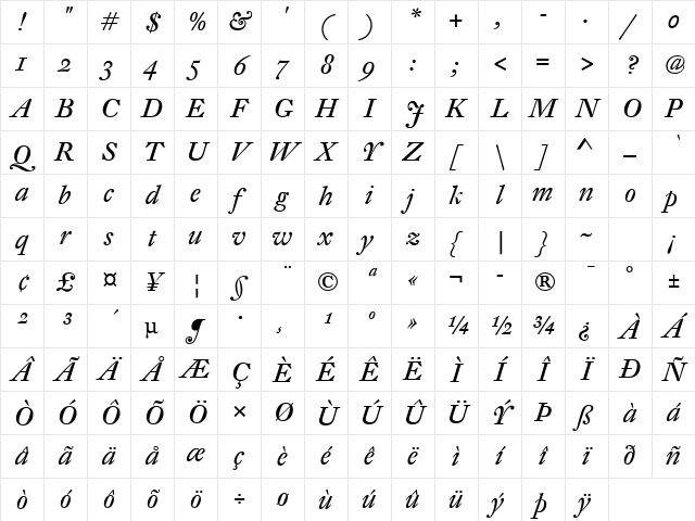 DTL Fleischmann Italic Character Map