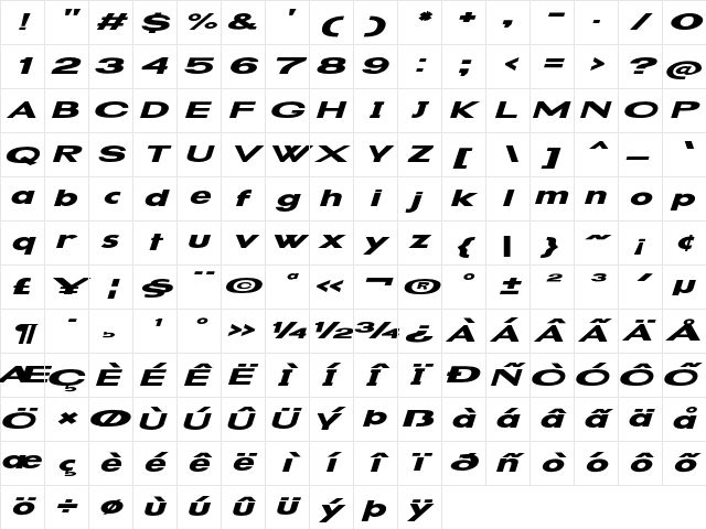 Dubble Stuff Extra-expanded Italic Character Map