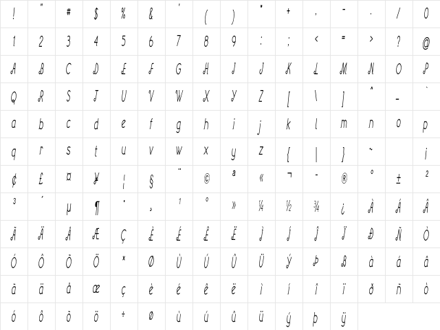 Dunkel Extra-condensed Italic Character Map Dunkel Extra-condensed Italic Character Map