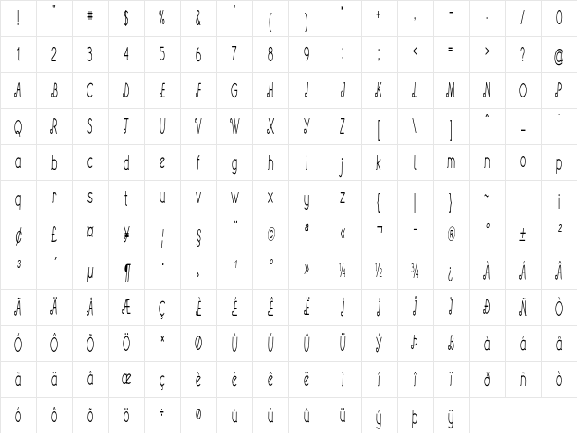 Dunkel Extra-condensed Regular Character Map