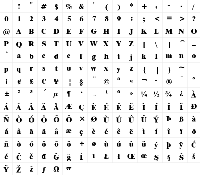 Dutch801 XBd BT Extra Bold Character Map